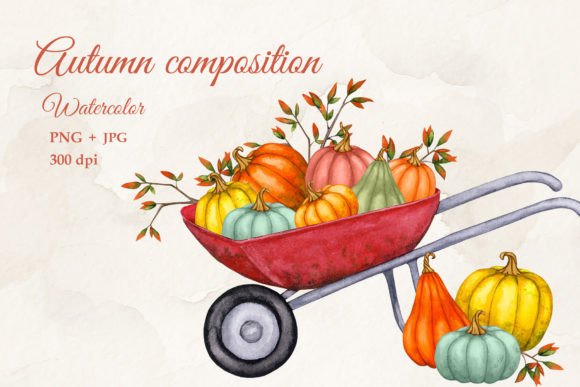 Autumn's Harvest in a Wheelbarrow: A Watercolor PNG for Your Projects
